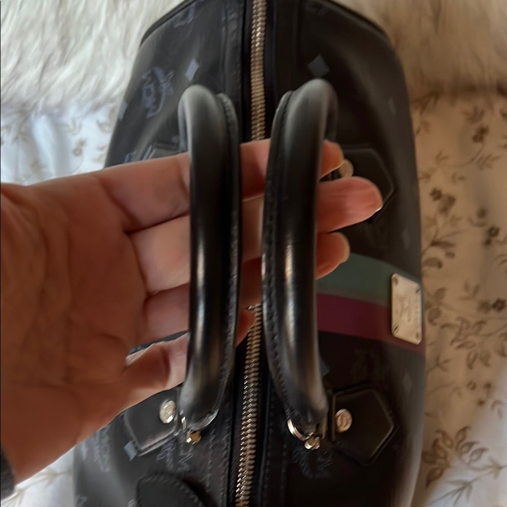 MCM Black Leather w/ Multicolor Racing Stripe & Silver Hardware EUC - Picture 3 of 9